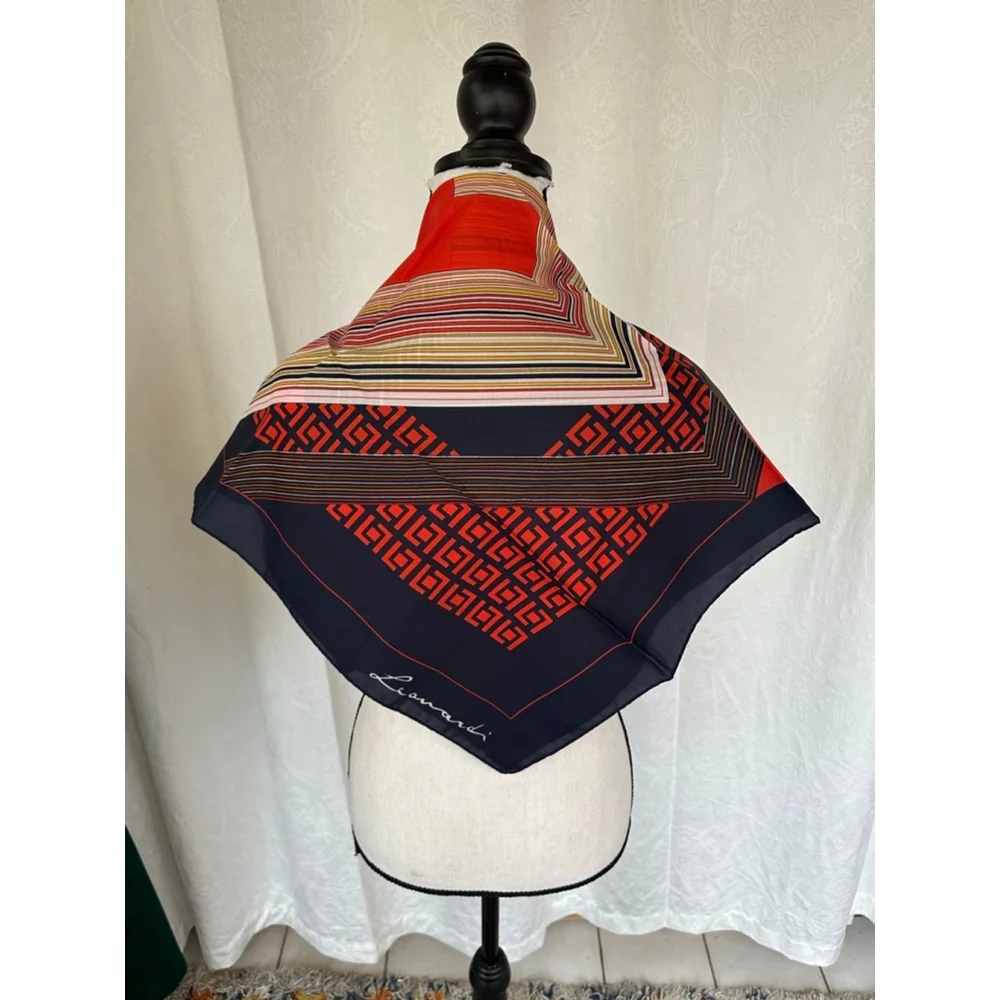 Vintage 1970s Leonardi Geometric Chevron Square Scarf | Red Navy Multicolor